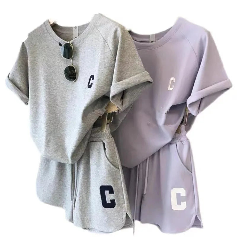 ﻿ 2 Piece Set Women Summer Loose Short Sleeve T-Shirt Casual Shorts Sports Print Letter Casual Suit Large Size Short Pajamas
