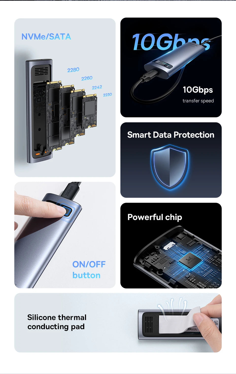 Baseus M2 SSD Case NVMe SATA Dual Protocol 10Gbps M.2 to USB Type C 3.2 Gen 2 Portable SATA NVMe External Enclosure SSD Box Case