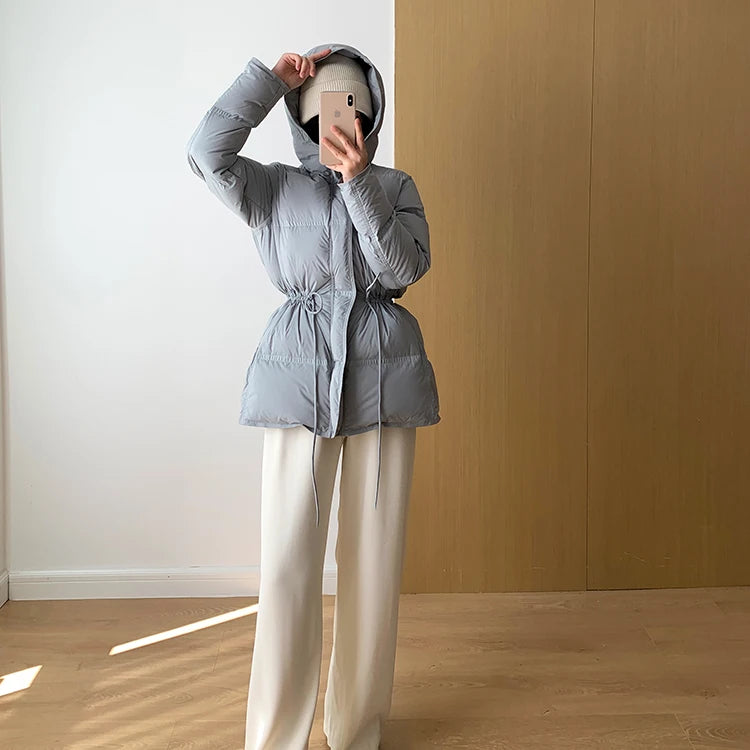 2023 New Autumn Winter Women Fashion Hooded 90% White Duck Down Coat Lady Slim Thick Warm Zipper Drawstring Lace-up Snow Jacket