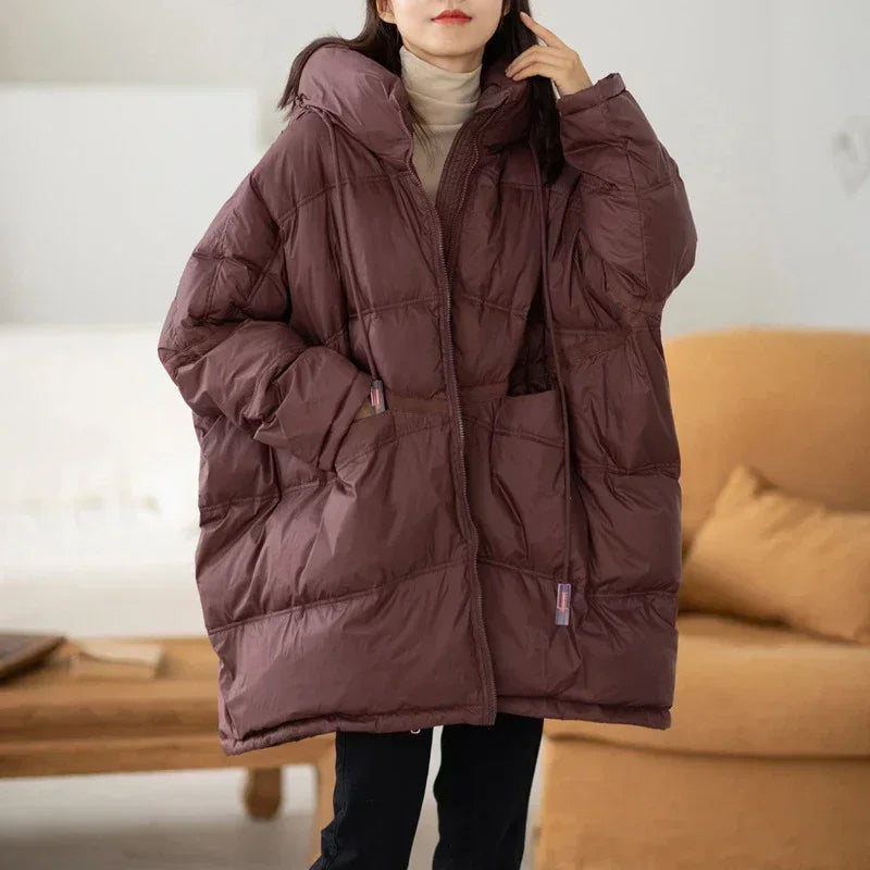 2024 New Winter Women 90% White Duck Down Jacket Casual Loose Over Size Warm Parka Female Drawstring Hooded Puffer Coat