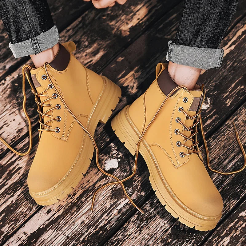 Men Retro Work Shoes Autumn Winter Thick Bottom High Top Non Slip Warm Casual Boots Leather Lace-up Big Head Tooling Boots 2024