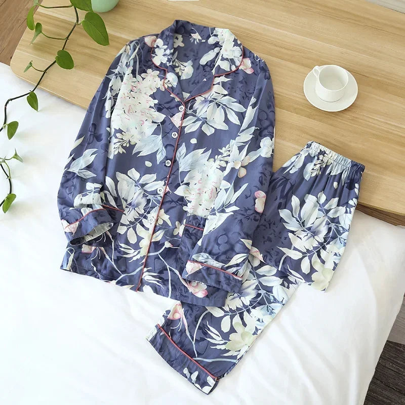 New Spring And Summer Ladies Pajamas Two-piece Viscose Long-sleeved Trousers Big Flower Cardigan Comfortable Home Service Set