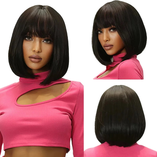 Synthetic 12 Inch Short Bob Black Wig With Bangs for Women Natural Looking Soft Hair Replacement Wigs Velma Kelly Halloween