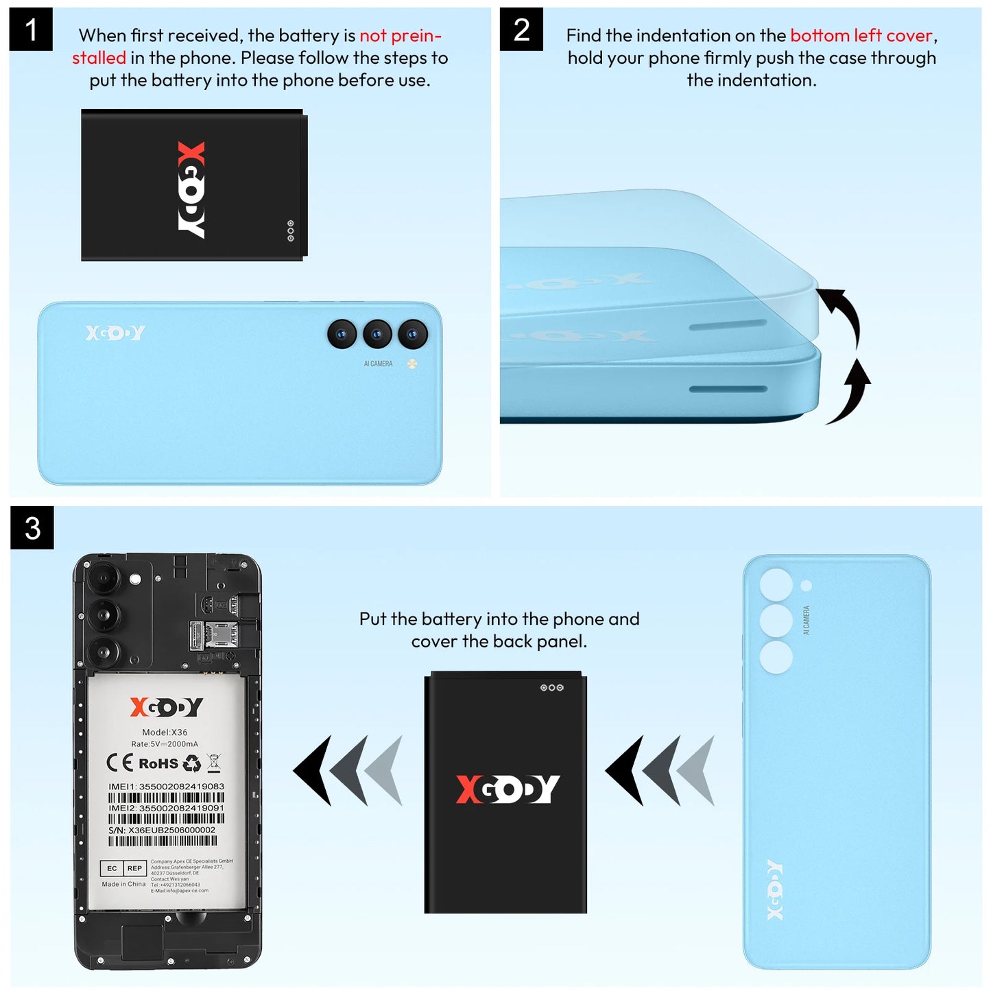 XGODY X36 Smartphone Android 15 Mobile Phone 6.5 Inch HD Screen 7GB RAM 32GB ROM Storage 4G Dual SIM Octa Core 4200mAh Battery