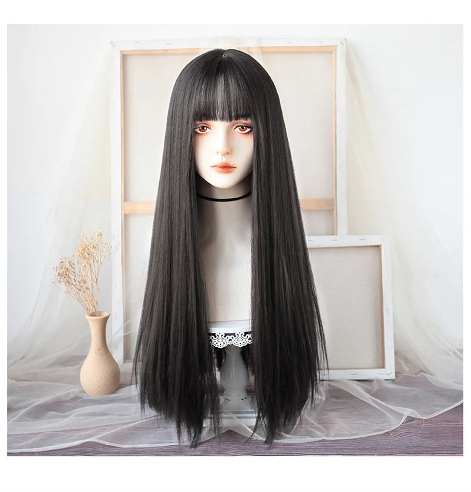 XIYUE Long Straight Black Wig With Bang Synthetic Wigs for Women Heat Resistant Natural Hair for Daily Halloween Cosplay Party