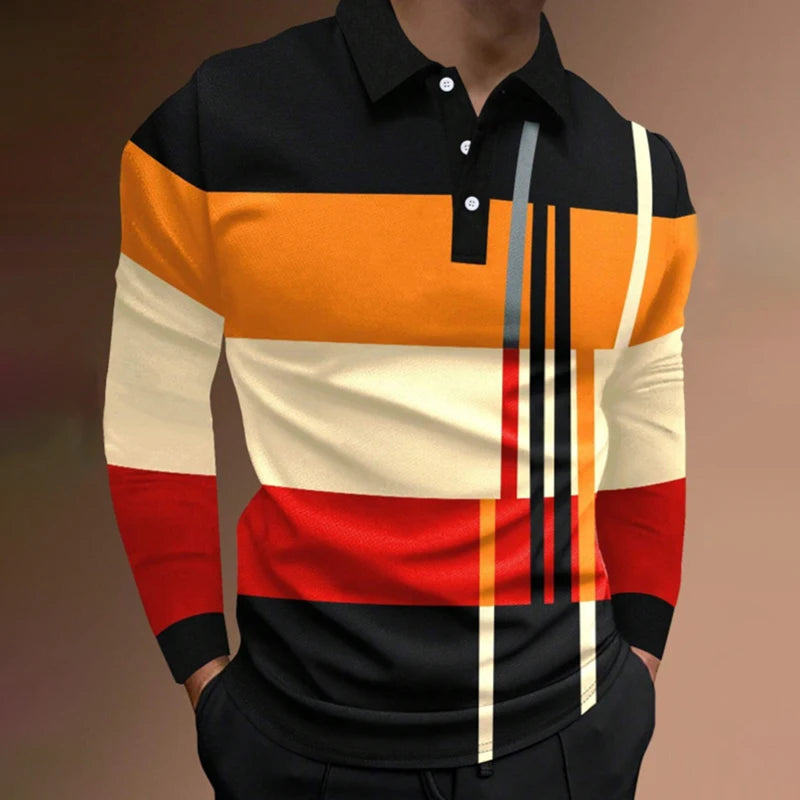New Men Clothes Spring Autumn Long Sleeve 3D Digital Print Spell Color Polo Shirt Men Slim Fit Lapel Golf Polo Shirt Tops