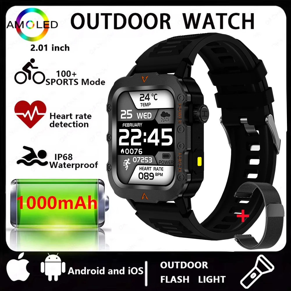 Men Smart Watch Bluetooth Call Sleep Heart Rate Health Monitor Outdoor LED Flashlight Waterproof Sports Watche For Android IOS