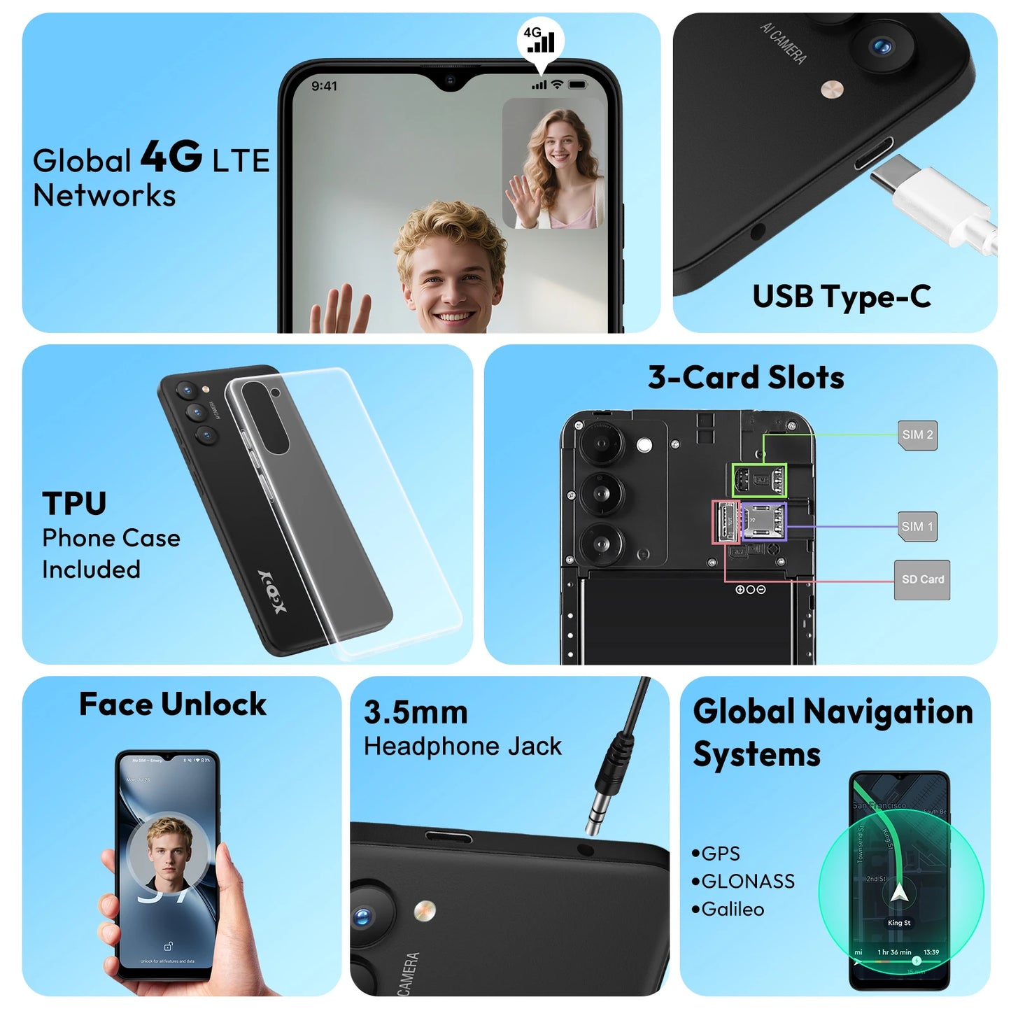 XGODY X36 Smartphone Android 15 Mobile Phone 6.5 Inch HD Screen 7GB RAM 32GB ROM Storage 4G Dual SIM Octa Core 4200mAh Battery