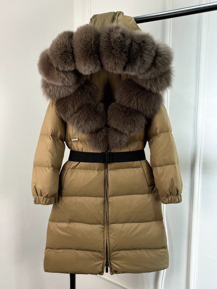 Lagabogy 2025 Winter Puffer Jacket Women Real Fox Fur Hooded Collar Thick Warm Long White Duck Down Coat Loose Luxury Outerwear