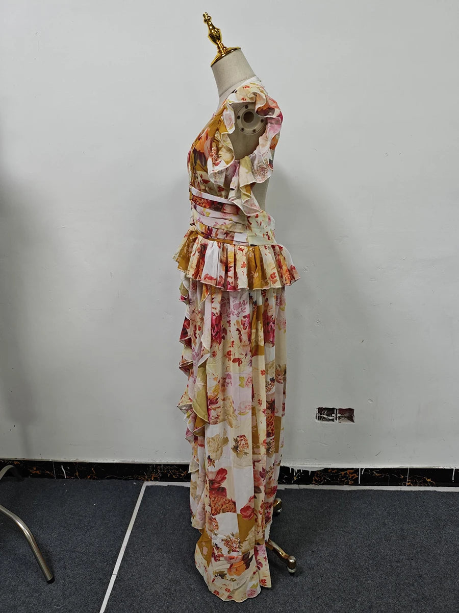 VGH Runway Style Maxi Dresses for Women V Neck Sleeveless High Waist Patchwork Ruffles Edge French Sexy Printed Dress Female New