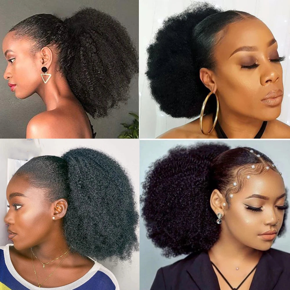 Afro Hair Bun 12inches Real Human Hair Afro Kinky Curly Drawstring Ponytail Natural Color Chignon Hair Pieces