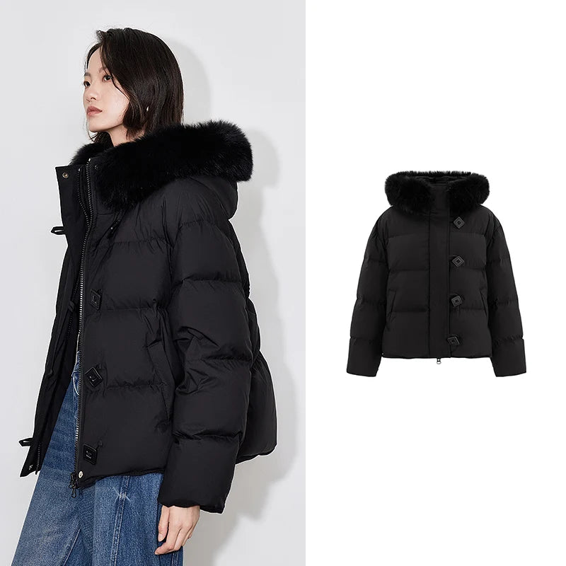 TOYOUTH Women Down Jacket 2024 Winter New 90% White Duck Down Fur Collar Hooded Warm Jacket Coat