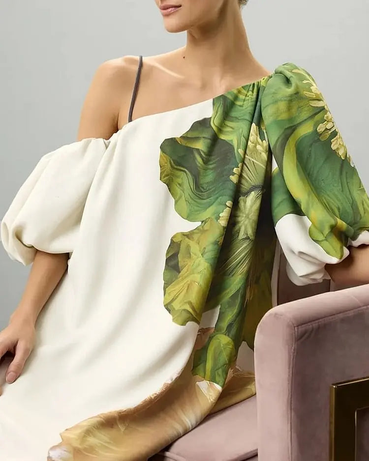 Women New Elegant Floral Printed Evening Maxi Dresses Loose One-Shoulder H-line Vacation Bohemia Dress
