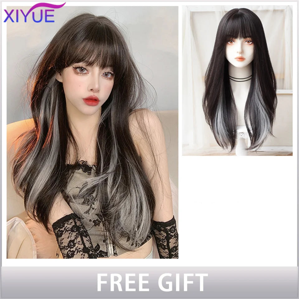 XIYUE Long Straight Black Wig With Bang Synthetic Wigs for Women Heat Resistant Natural Hair for Daily Halloween Cosplay Party