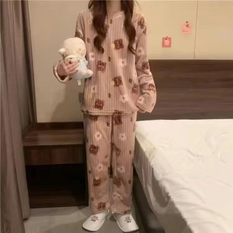 2022 Autumn Winter Warm Flannel Women Pyjamas Sets Thick Coral Velvet Long Sleeve Cartoon Sleepwear Thin Flannel Pajamas Set