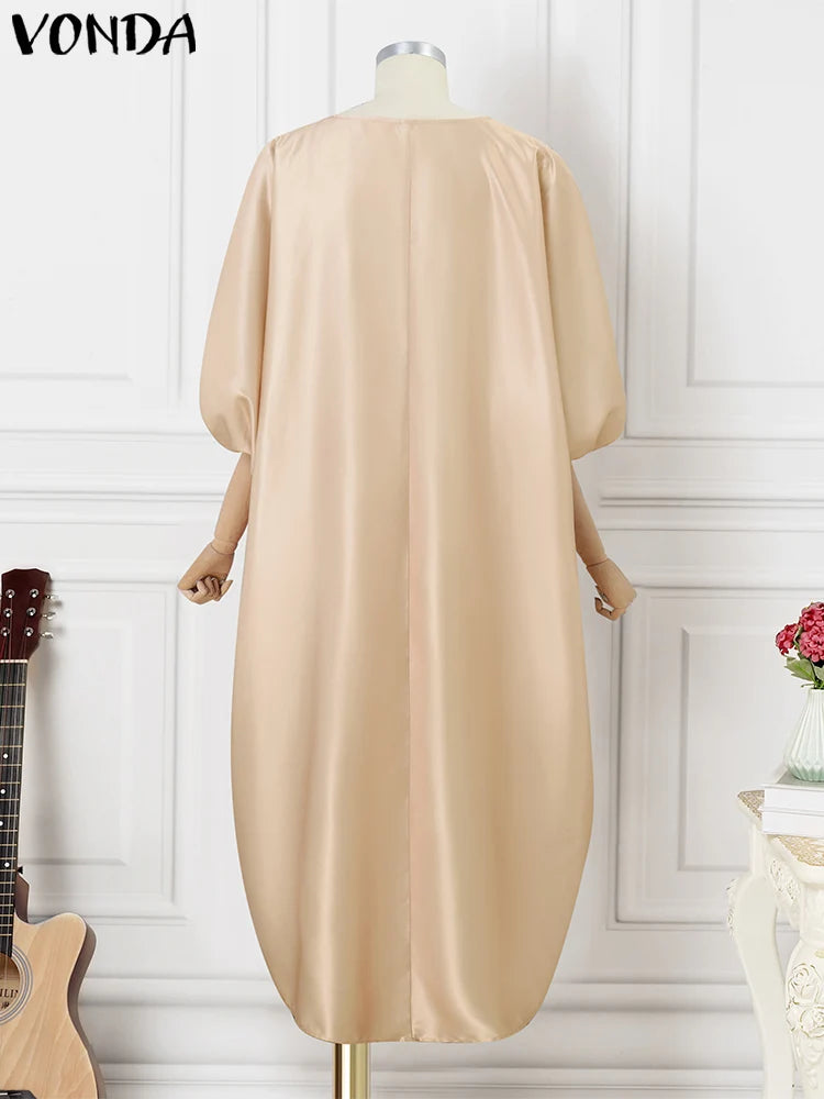 Bohemian Maxi Long Dress 2025 Women Satin Silk Sundress Elegant Summer Half Sleeve V Neck Vestidos Oversized Casual Loose Robe
