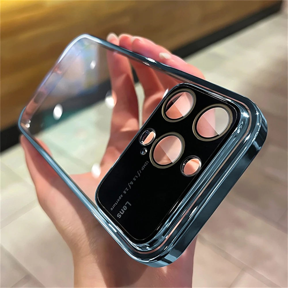 Original Big Window Electroplating Frame Phone Case For iPhone 15 14 13 12 11 Pro Max Plus lens Protector Colorful PC Hard Cover