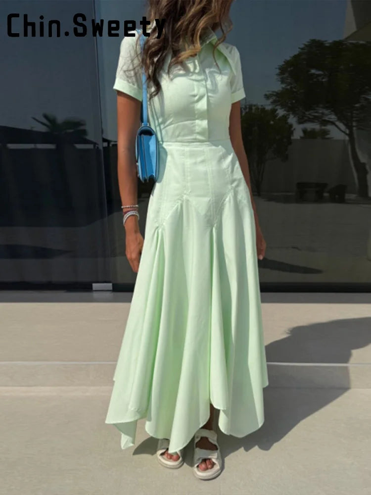 Elegant Single Breasted Khaki Long Dress Women Lapel Short Sleeve Pleat Slim Waist A-line Dresses 2025 Summer Autumn Lady Robes
