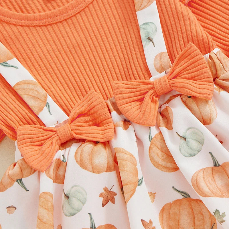 Newborn Baby Girl Halloween Clothes Outfit Pumpkin Ghost Print Long Sleeve Crew Neck Patchwork Romper Dress with Headband