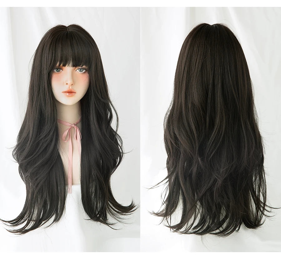 7JHH WIGS Popular Brown Ash Long Deep Wave Hair Lolita Wigs With Bangs Synthetic Wig For Women Fashion Thick Curls Wigs Girl
