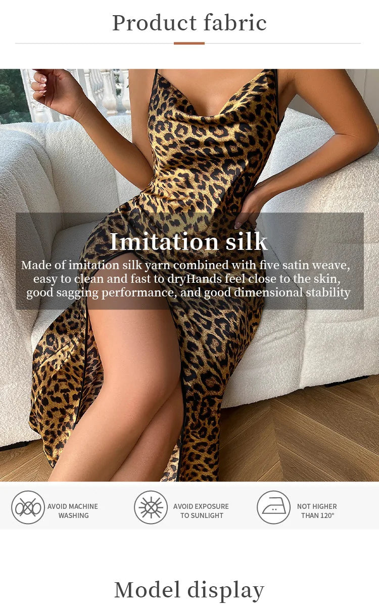 Fashion Backless Slit Ice Silk Camisole Skirt Nightgown Women's Summer Thin Breathable Imitation Silk Sexy Leopard Print Pajamas