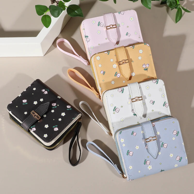Flower patterned credit card holder for women or men's small card case with zipper hand-held wallet
