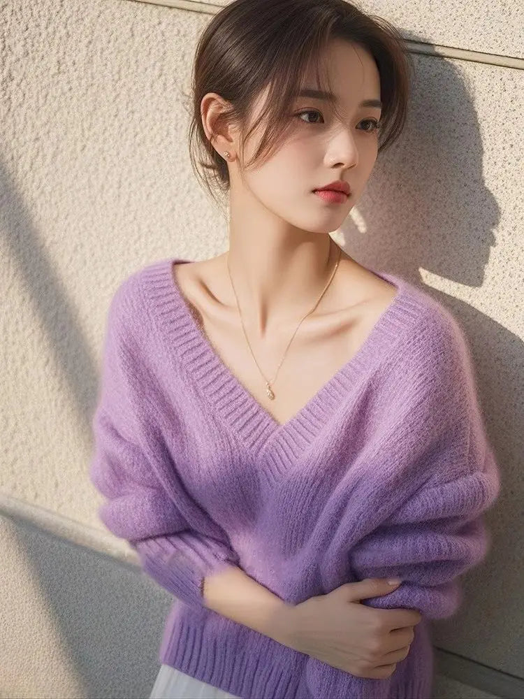 Women Clothes Spring Autumn Fashion Simplicity Elegant Solid Color V-neck Ladies Appear Thin Lazy Wind Long Sleeve Slsweater Top