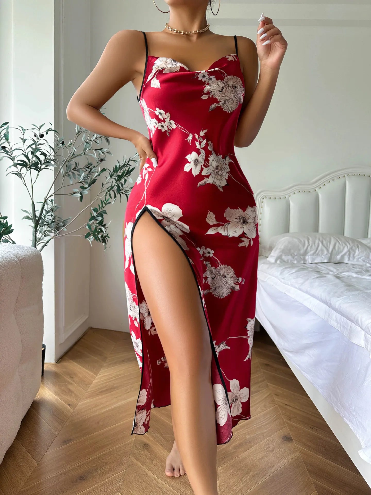 Fashion Backless Slit Ice Silk Camisole Skirt Nightgown Women's Summer Thin Breathable Imitation Silk Sexy Leopard Print Pajamas
