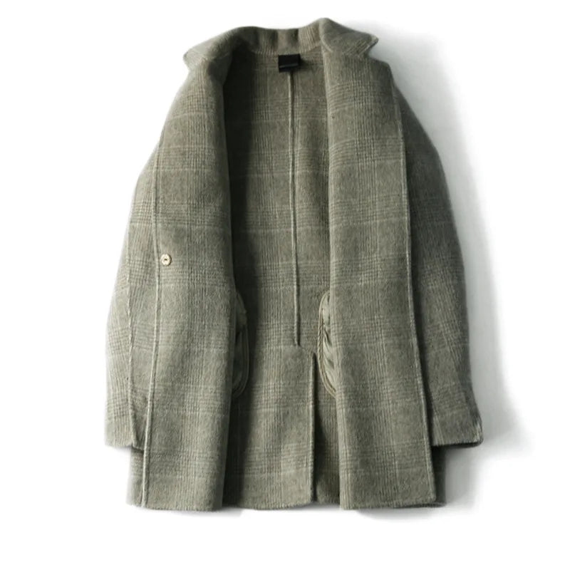 Handmade Sewn Double-sided Woolen Blazer Women Spring Autumn Plaid Wool Overcoat Office Lady Casual Suit Coat Thick Jacket