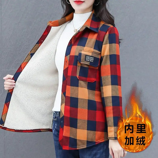 Women's Plaid Plus Velvet Shirt Vintage Thickened Oversized Keep Warm Woolen Blouses Loose-Fit Tops Outwear Female Clothes Shirt