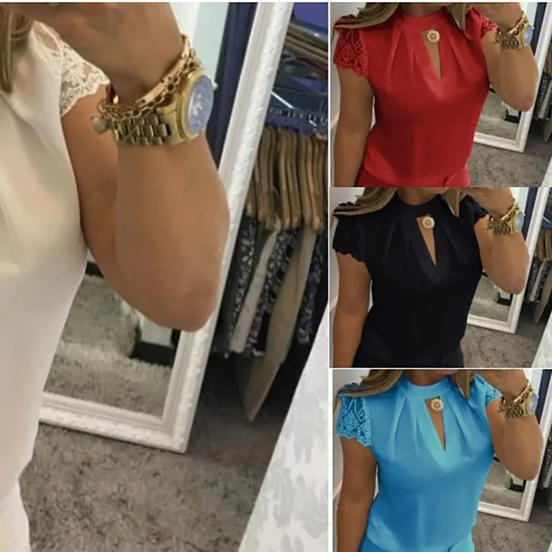 Women's Clothing Women Shirts Blouse high neck deep V-back zipper lace lace lace sleeve patchwork stand up collar shirt Blouses