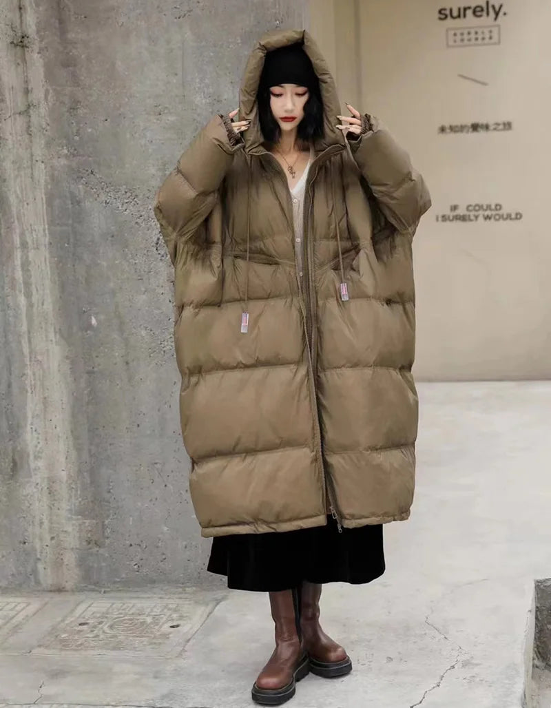 Schinteon Women White Duck Down Jacket with Hood Autumn Winter Warm Long Outwear Over Size Loose Coat 2025 New