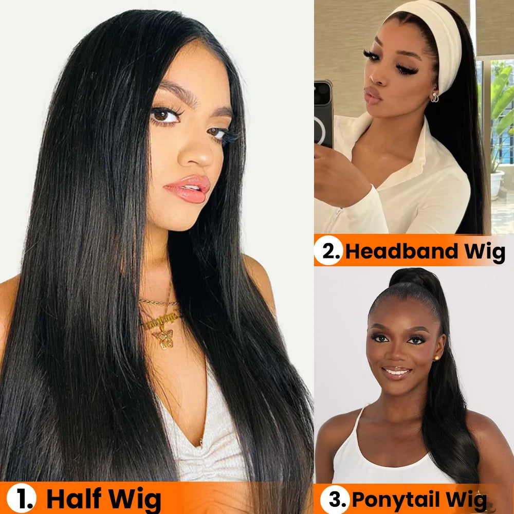 Silky Straight Wear And Go 3 IN 1 Half Wigs Human Hair Machine Made With Drawstring 250% Density Glueless Wigs Beginner Friendly
