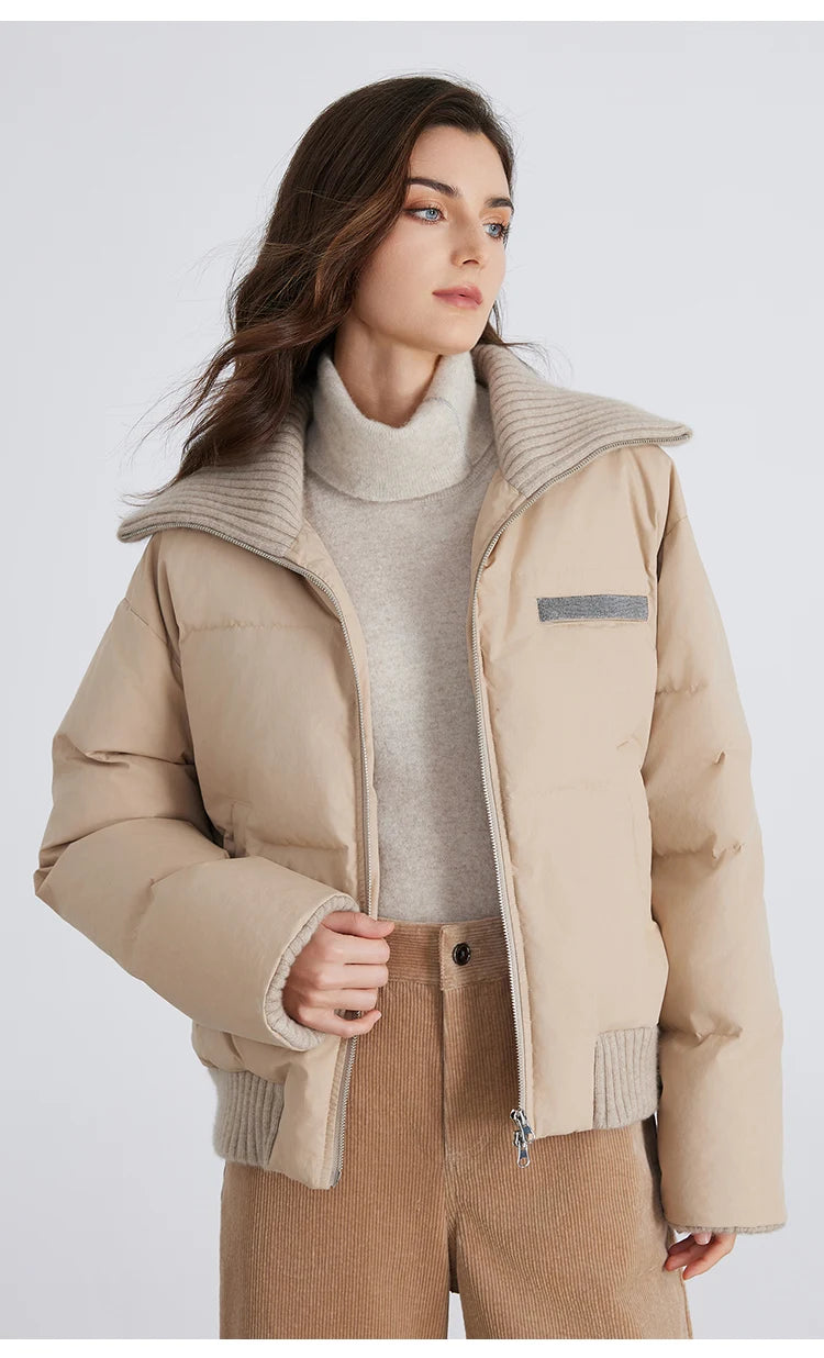 BC835 White goose down with large lapel warm zipper long-sleeved down jacket 100 cashmere warm coat