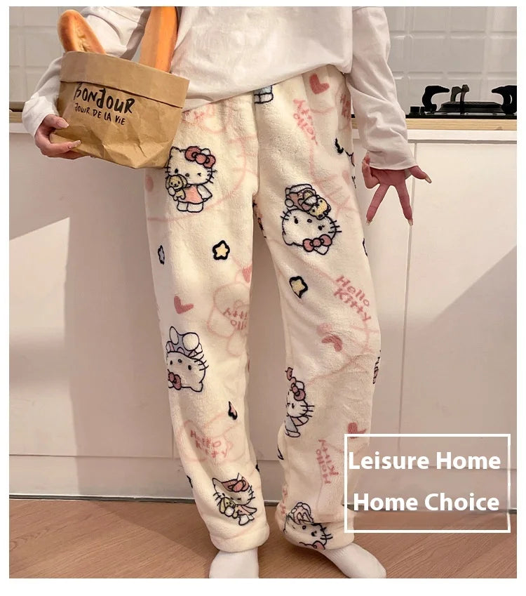 HelloKitty Warm Coral Velvet Sleepers Women's Flannel and Velvet Thick Pants Sleepwear Plush Large Home Pants