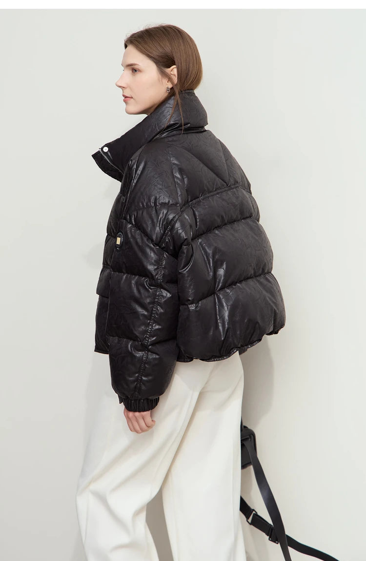 AMII Minimalist Women's Down Coat 2024 Winter Warm Thick Lapel Stand Collar Imitation Leather Duck Down Female Jacket 12444025