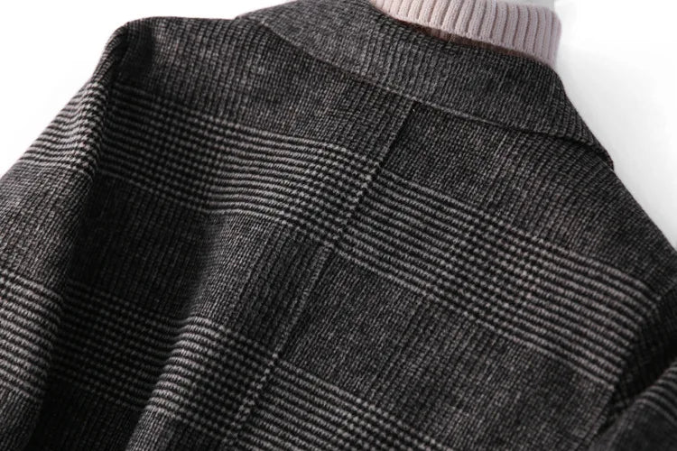 Handmade Sewn Double-sided Woolen Blazer Women Spring Autumn Plaid Wool Overcoat Office Lady Casual Suit Coat Thick Jacket