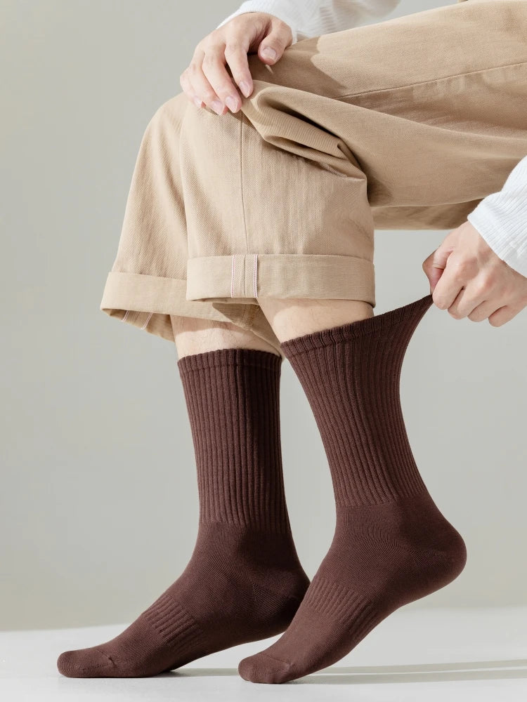 Men's High Quality Business Pure Cotton Socks Solid Color Fashion Casual Long Socks Harajuku Retro Wear-resistant Sports Socks
