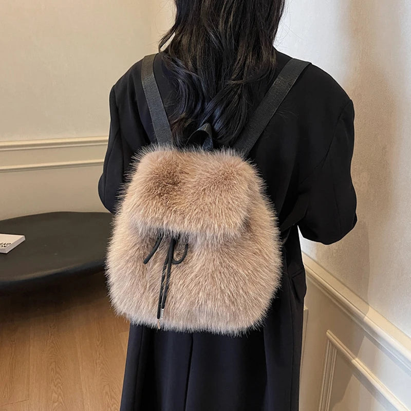 Winter Soft Plush Ladies Schoolbag Solid Color Female Furry Shoulder Bags Handbags Fashion Luxury Fake Fur Women's Backpack