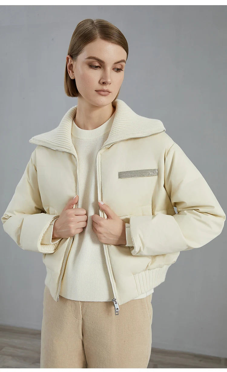 BC835 White goose down with large lapel warm zipper long-sleeved down jacket 100 cashmere warm coat