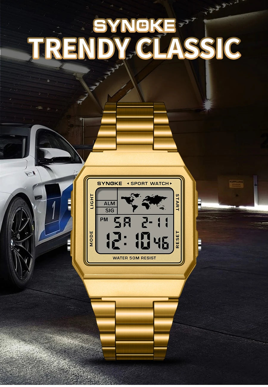 SYNOKE Top Brand Luxury Stainless Steel Chrono Sport Watches Men Back Light Display Digital Wristwatch 5Bar Waterproof Reloj Hom
