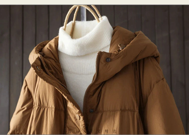 Schinteon Women White Duck Down Long Jacket Casual Loose Autumn Winter Outwear with Hood Warm Coat Big Pockets 2024 Korean Style