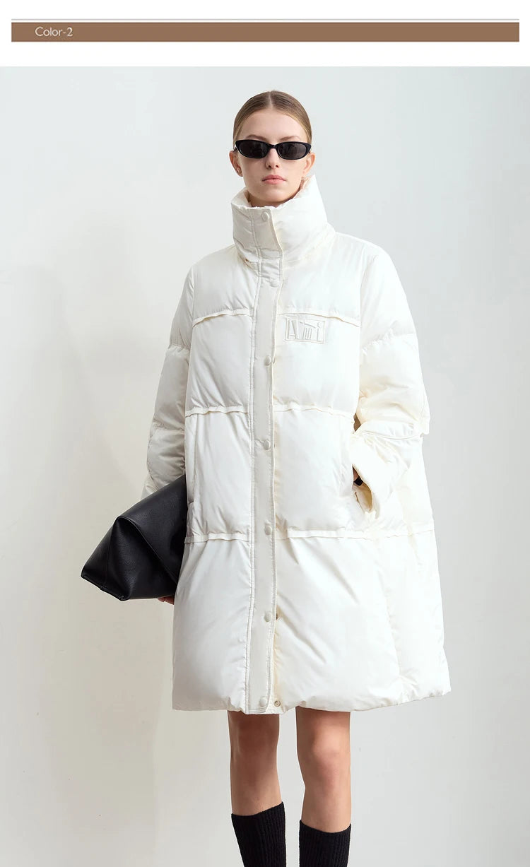 Amii 2024 Winter New Women's Velcro Loose Coat Top Warm Stand-up Collar Letter Embroidered Seal Zipper Down Jacket 12444103