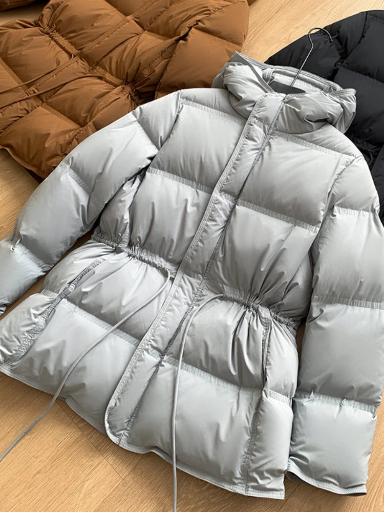 2023 New Autumn Winter Women Fashion Hooded 90% White Duck Down Coat Lady Slim Thick Warm Zipper Drawstring Lace-up Snow Jacket