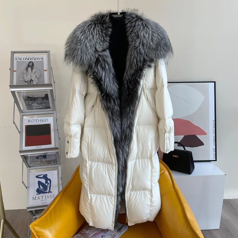 2025 New Winter Women Warm Coat 90% Goose Down Jacket Long Real Fox Fur Collar Thick Luxury Outerwear Female Coat Streetwear