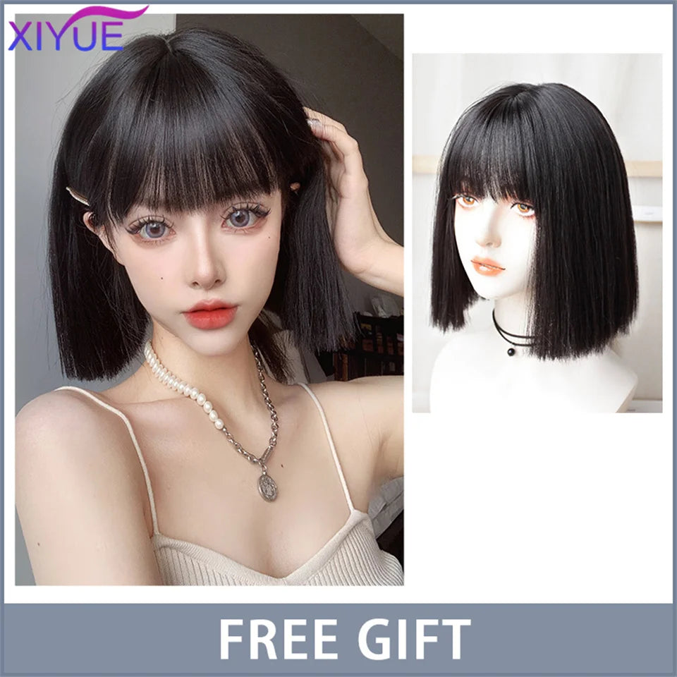XIYUE Long Straight Black Wig With Bang Synthetic Wigs for Women Heat Resistant Natural Hair for Daily Halloween Cosplay Party