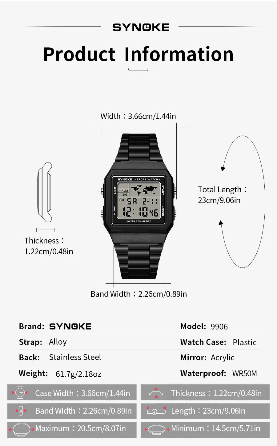 SYNOKE Top Brand Luxury Stainless Steel Chrono Sport Watches Men Back Light Display Digital Wristwatch 5Bar Waterproof Reloj Hom