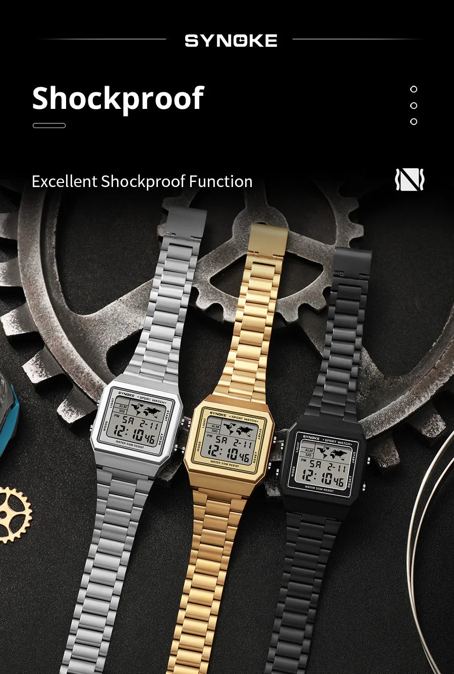 SYNOKE Top Brand Luxury Stainless Steel Chrono Sport Watches Men Back Light Display Digital Wristwatch 5Bar Waterproof Reloj Hom