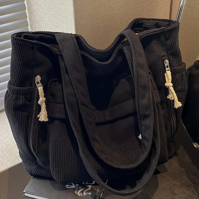 Multi-pocket Women's Bag Corduroy Shoulder Bag Large Capacity Simple Handbag For Female Shopping Bag