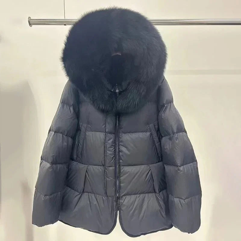 Schinteon Women 100% Real Fox Fur Collar White Duck Down Jacket with Hood Autumn Winter Warm Casual A-lined Warm Outwear Cape